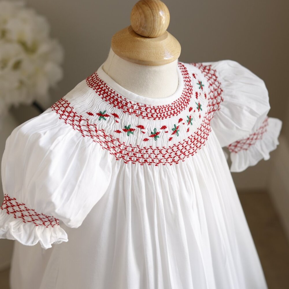 Strasburg Smocked White Bishop with Red & Green Embroidery RARE FIND 9/12 Months